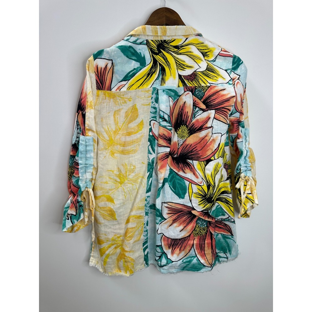 John Mark Artsy Boho Wire Collar Raw Hem 100% Linen Tunic Top Floral Size Small - Picture 11 of 12